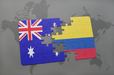 bir dünya haritası arka plan üzerinde Avustralya ve Kolombiya ulusal bayrağı ile bulmaca.