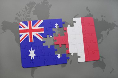 Avustralya ve peru ulusal bayrak dünya harita arka plan üzerinde ile bulmaca.