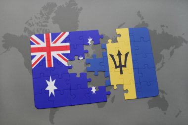 Dünya harita arka plan üzerinde Avustralya ve barbados bayrağı ulusal ile bulmaca.