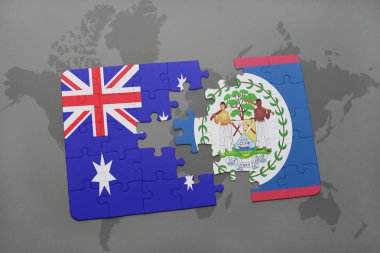 Avustralya ve belize dünya harita arka plan üzerinde bayrağı ile bulmaca.