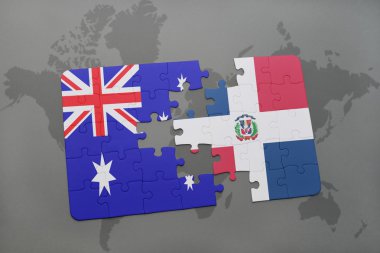 Avustralya ve Dominik Cumhuriyeti ulusal bayrak dünya harita arka plan üzerinde ile bulmaca.