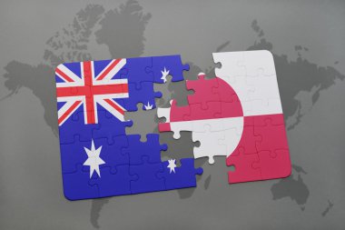 Avustralya ve Grönland Ulusal bayrak dünya harita arka plan üzerinde ile bulmaca.