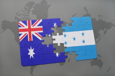 Avustralya ve honduras ulusal bayrak dünya harita arka plan üzerinde ile bulmaca.