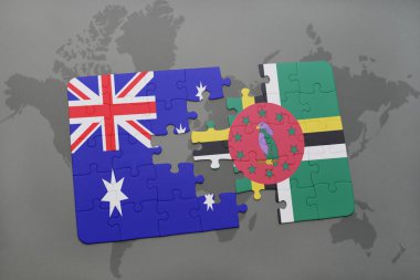 Avustralya ve Dominika bir dünya harita arka planda bayrağı ile bulmaca.