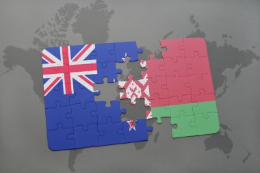 bir dünya haritası arka plan üzerinde Yeni Zelanda ve Beyaz Rusya ulusal bayrağı ile bulmaca