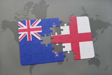 bir dünya haritası arka plan üzerinde Yeni Zelanda ve İngiltere ulusal bayrağı ile bulmaca