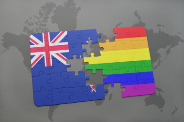 bir dünya haritası arka plan üzerinde yeni zelanda ve gökkuşağı eşcinsel bayrağı ulusal bayrağı ile bulmaca