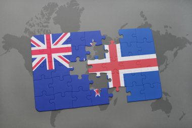 bir dünya haritası arka plan üzerinde Yeni Zelanda ve İzlanda ulusal bayrağı ile bulmaca