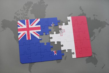 bir dünya haritası arka plan üzerinde Yeni Zelanda ve Malta ulusal bayrağı ile bulmaca