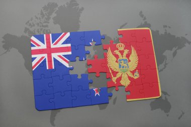 bir dünya haritası arka plan üzerinde Yeni Zelanda ve Karadağ ulusal bayrağı ile bulmaca