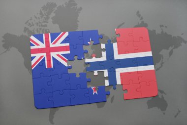 bir dünya haritası arka plan üzerinde Yeni Zelanda ve Norveç ulusal bayrağı ile bulmaca