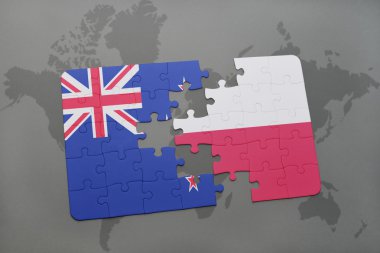 bir dünya haritası arka plan üzerinde Yeni Zelanda ve Polonya ulusal bayrağı ile bulmaca