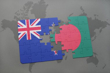 bir dünya haritası arka plan üzerinde Yeni Zelanda ve Bangladeş ulusal bayrağı ile bulmaca. 3d illüstrasyon