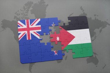 bir dünya haritası arka plan üzerinde Yeni Zelanda ve Ürdün ulusal bayrağı ile bulmaca. 3d illüstrasyon