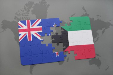 bir dünya haritası arka plan üzerinde Yeni Zelanda ve Kuveyt ulusal bayrağı ile bulmaca. 3d illüstrasyon
