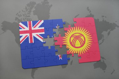 bir dünya haritası arka plan üzerinde Yeni Zelanda ve Kırgızistan ulusal bayrağı ile bulmaca. 3d illüstrasyon