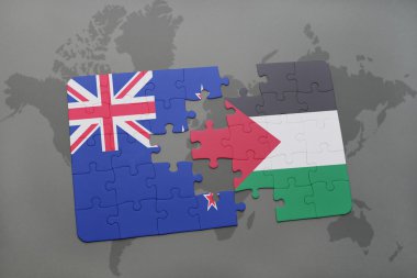 bir dünya haritası arka plan üzerinde Yeni Zelanda ve Filistin ulusal bayrağı ile bulmaca. 3d illüstrasyon