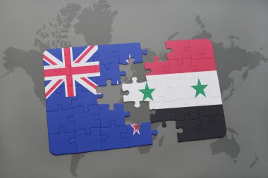 bir dünya haritası arka plan üzerinde Yeni Zelanda ve Suriye ulusal bayrağı ile bulmaca. 3d illüstrasyon