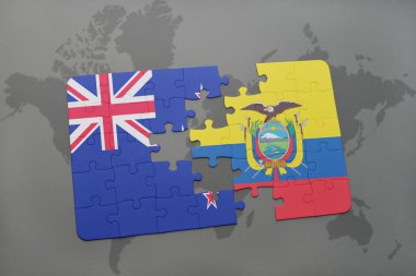 bir dünya haritası arka plan üzerinde Yeni Zelanda ve Ekvador ulusal bayrağı ile bulmaca