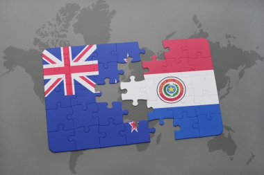 paraguay ve Yeni Zelanda ulusal bayrak dünya harita arka plan üzerinde ile bulmaca