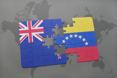 Yeni Zelanda ve venezuela ulusal bayrak dünya harita arka plan üzerinde ile bulmaca