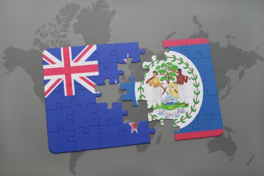 Dünya harita arka plan üzerinde Yeni Zelanda ve belize bayrağı ulusal ile bulmaca. 3D çizim