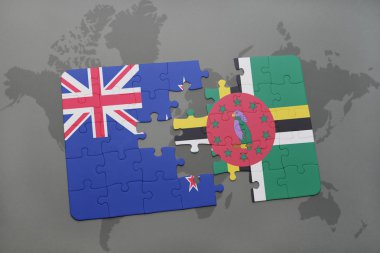 Yeni Zelanda ve Dominika bir dünya harita arka planda bayrağı ile bulmaca. 3D çizim