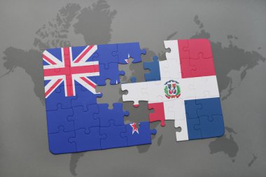 Yeni Zelanda ve Dominik Cumhuriyeti ulusal bayrak dünya harita arka plan üzerinde ile bulmaca. 3D çizim