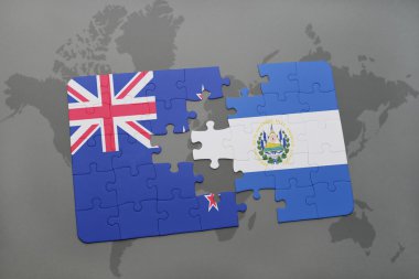 Yeni Zelanda ve el salvador dünya harita arka plan üzerinde bayrağı ile bulmaca. 3D çizim