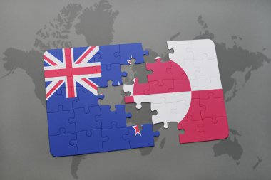 Yeni Zelanda ve Grönland Ulusal bayrak dünya harita arka plan üzerinde ile bulmaca. 3D çizim