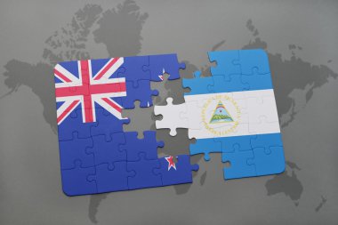 Yeni Zelanda ve Nikaragua ulusal bayrak dünya harita arka plan üzerinde ile bulmaca. 3D çizim