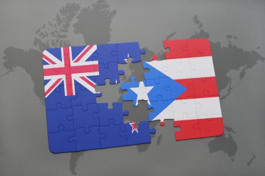 Yeni Zelanda ve Porto Riko dünya harita arka plan üzerinde bayrağı ile bulmaca. 3D çizim