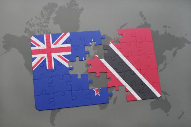trinidad ve tobago ve Yeni Zelanda ulusal bayrak dünya harita arka plan üzerinde ile bulmaca. 3D çizim