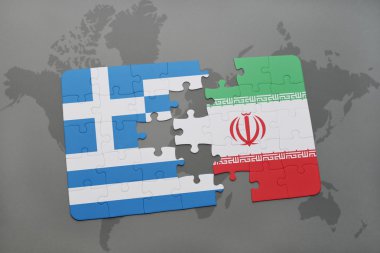 bir dünya haritası arka plan üzerinde Yunanistan ve İran ulusal bayrağı ile bulmaca.