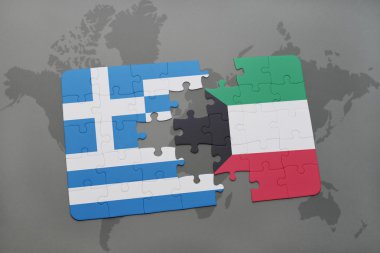 bir dünya haritası arka plan üzerinde Yunanistan ve Kuveyt ulusal bayrağı ile bulmaca.