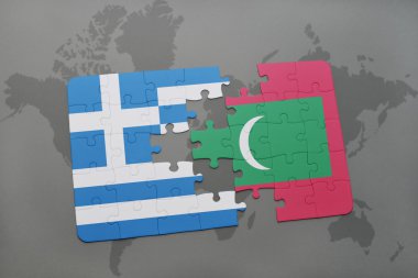 bir dünya haritası arka plan üzerinde Yunanistan ve Maldivler ulusal bayrağı ile bulmaca.