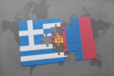 bir dünya haritası arka plan üzerinde Yunanistan ve Moğolistan ulusal bayrağı ile bulmaca.