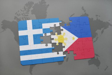 bir dünya haritası arka plan üzerinde Yunanistan ve Filipinler ulusal bayrağı ile bulmaca.