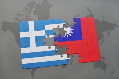 bir dünya haritası arka plan üzerinde Yunanistan ve Tayvan ulusal bayrağı ile bulmaca.
