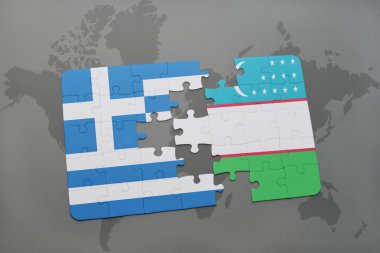 bir dünya haritası arka plan üzerinde Yunanistan ve Özbekistan ulusal bayrağı ile bulmaca.