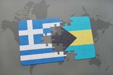 bir dünya haritası arka plan üzerinde Yunanistan ve Bahamalar ulusal bayrağı ile bulmaca.