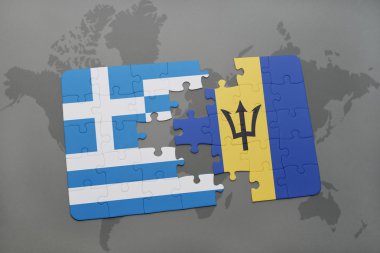 bir dünya haritası arka plan üzerinde Yunanistan ve Barbados ulusal bayrağı ile bulmaca.