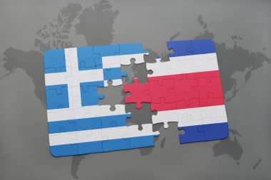 bir dünya haritası arka plan üzerinde Yunanistan ve Kosta Rika ulusal bayrağı ile bulmaca.