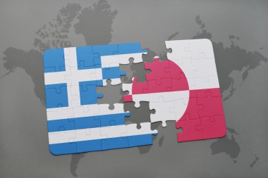 bir dünya haritası arka plan üzerinde Yunanistan ve grönland ulusal bayrağı ile bulmaca.