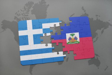 bir dünya haritası arka plan üzerinde Yunanistan ve Haiti ulusal bayrağı ile bulmaca.