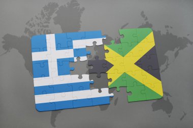 bir dünya haritası arka plan üzerinde Yunanistan ve Jamaika ulusal bayrağı ile bulmaca.