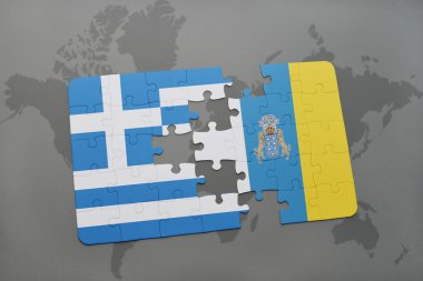 bir dünya haritası arka plan üzerinde Yunanistan ve kanarya adalarıulusal bayrağı ile bulmaca.
