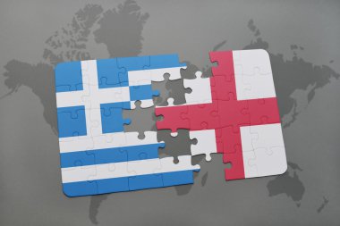 bir dünya haritası arka plan üzerinde Yunanistan ve İngiltere ulusal bayrağı ile bulmaca.