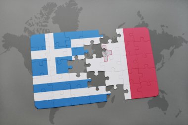 Yunanistan ve malta dünya harita arka plan üzerinde bayrağı ile bulmaca.