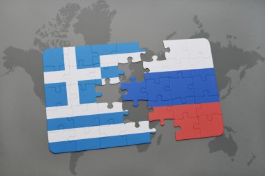Yunanistan ve Rusya'nın ulusal bayrak dünya harita arka plan üzerinde ile bulmaca.